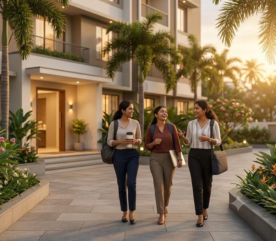Residents of Daffodills Ladies Hostel walking near Infopark, Kakkanad